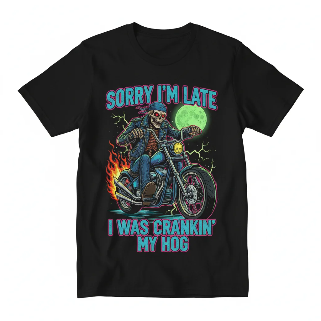 Crankin' My Hog Skeleton Tee: A Nod to Horror & Humo