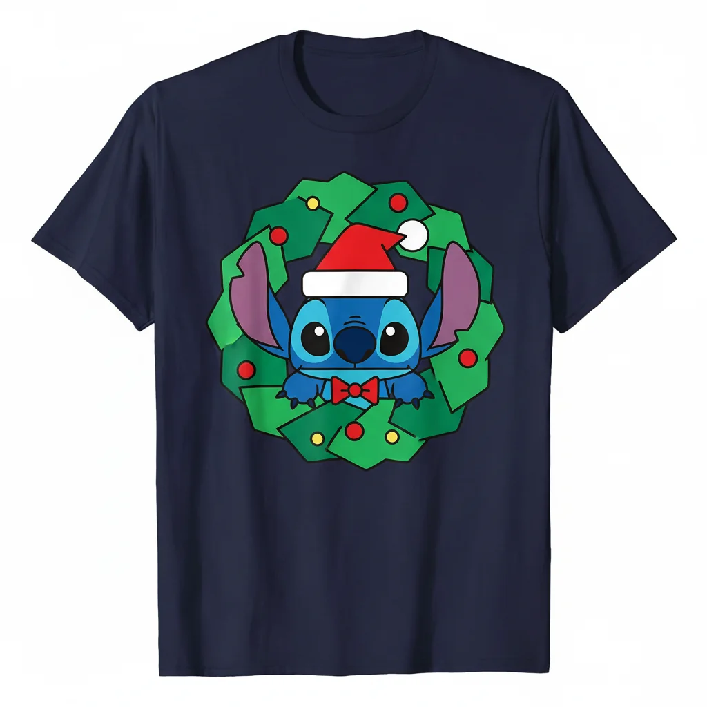 Whimsical Stitch Christmas Wreath Ornament Tee - Disney Holiday Spirit