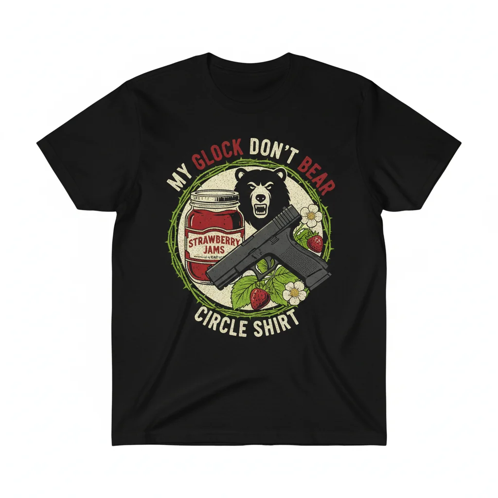 Strawberry Jams But My Glock Don't Bear Circle T-Shirt - Unique Graphic Tee