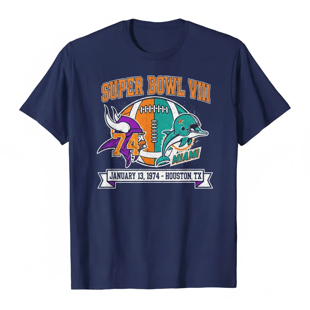 1974 Super Bowl VIII Minnesota Vikings vs Miami Dolphins Commemorative T-Shirt