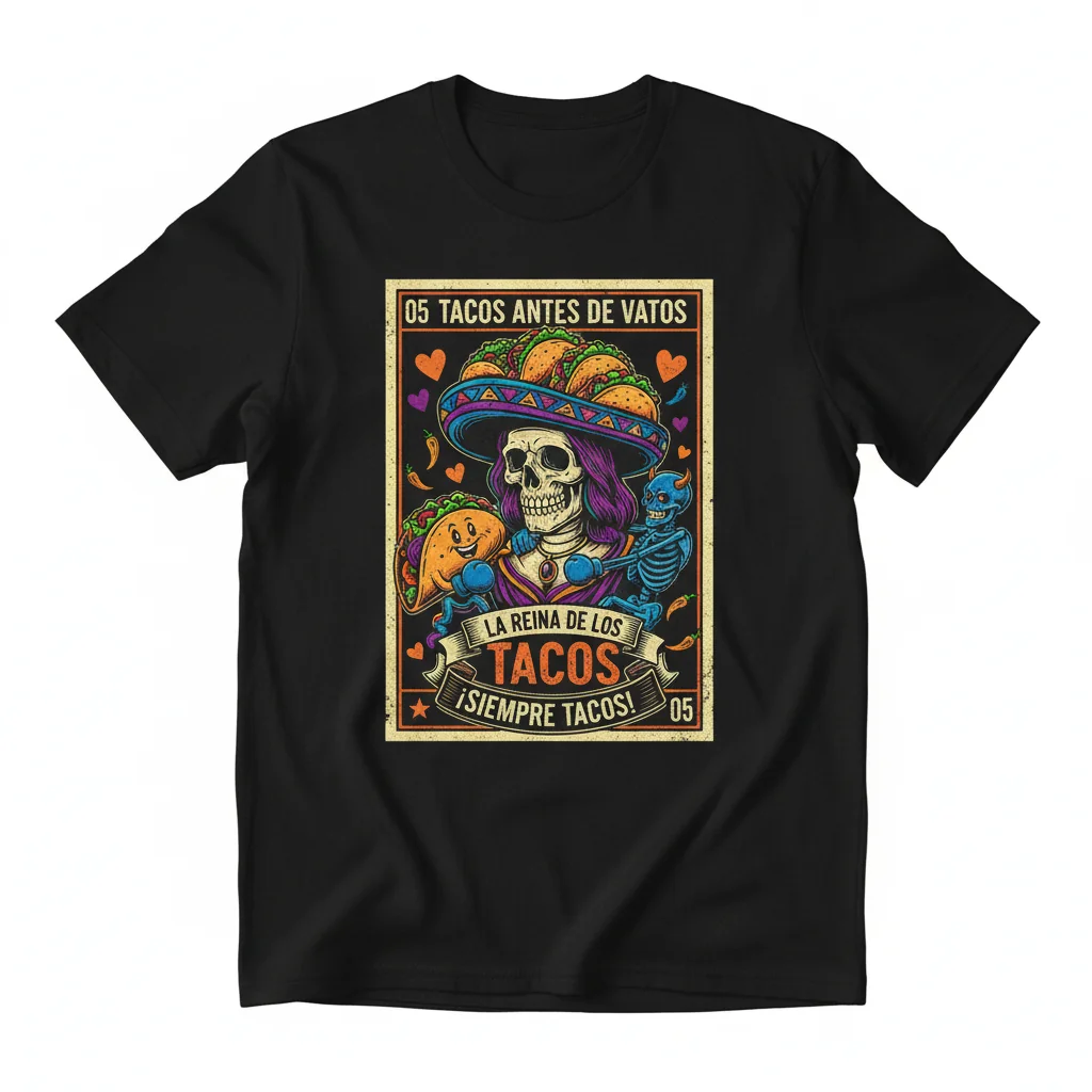 Tacos Before Vatos: A Loteria-Inspired Celebration of Sisterhood Tee