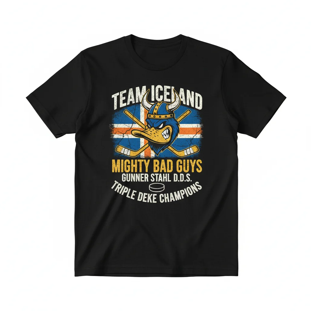 Team Iceland Distressed Logo Hockey T-Shirt - The Mighty Ducks Tribute - Gunner Stahl Triple Deke Tee