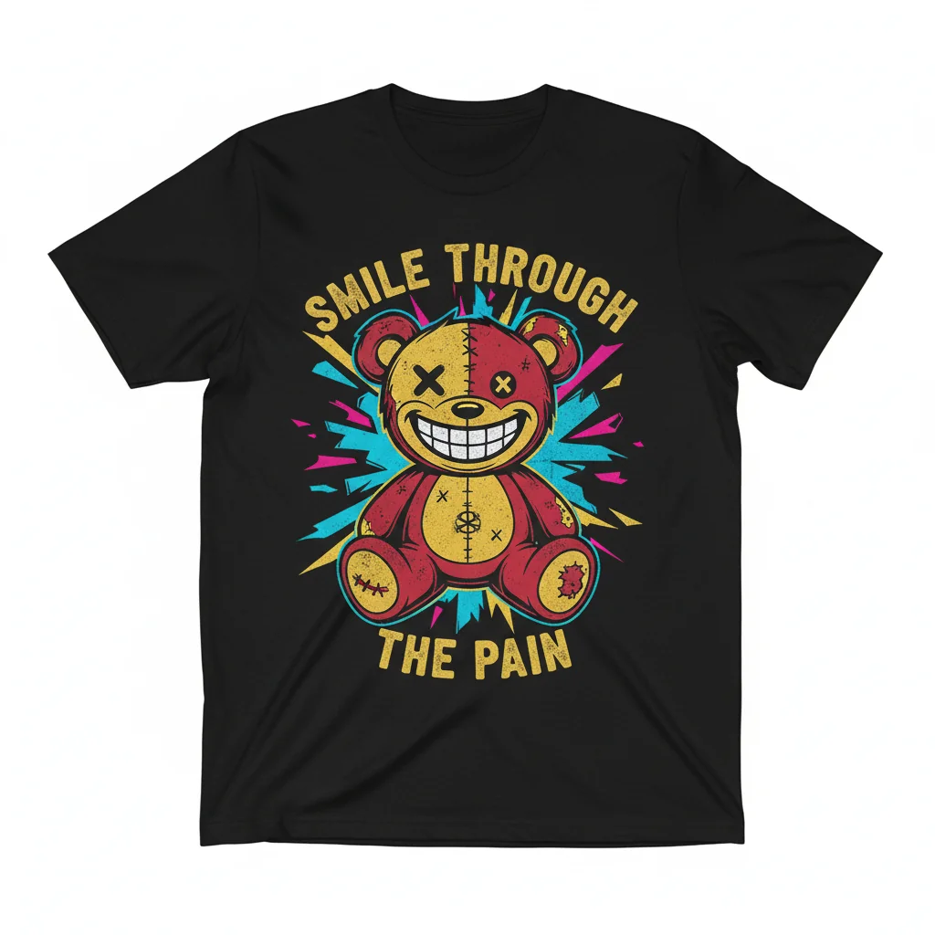 Teddy Bear Smile Through The Pain T-Shirt - Expressive & Unique Apparel