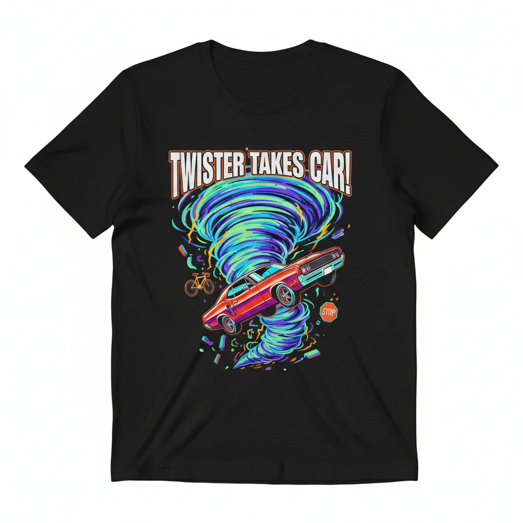 Embrace the Whirlwind: "That Tornado's Carrying A Car" Art Tee
