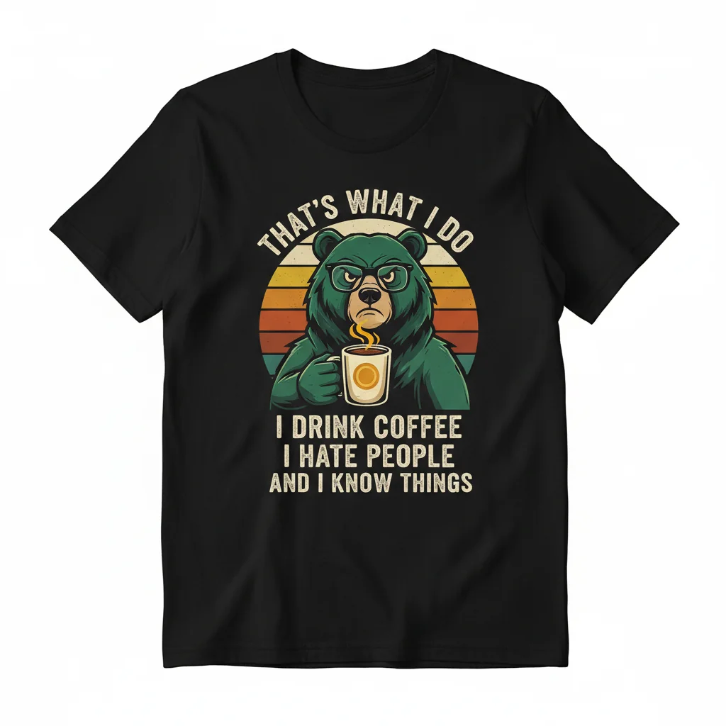 Bear Drinking Coffee T-Shirt: "I Drink Coffee I Hate People I Know Things" Graphic Tee