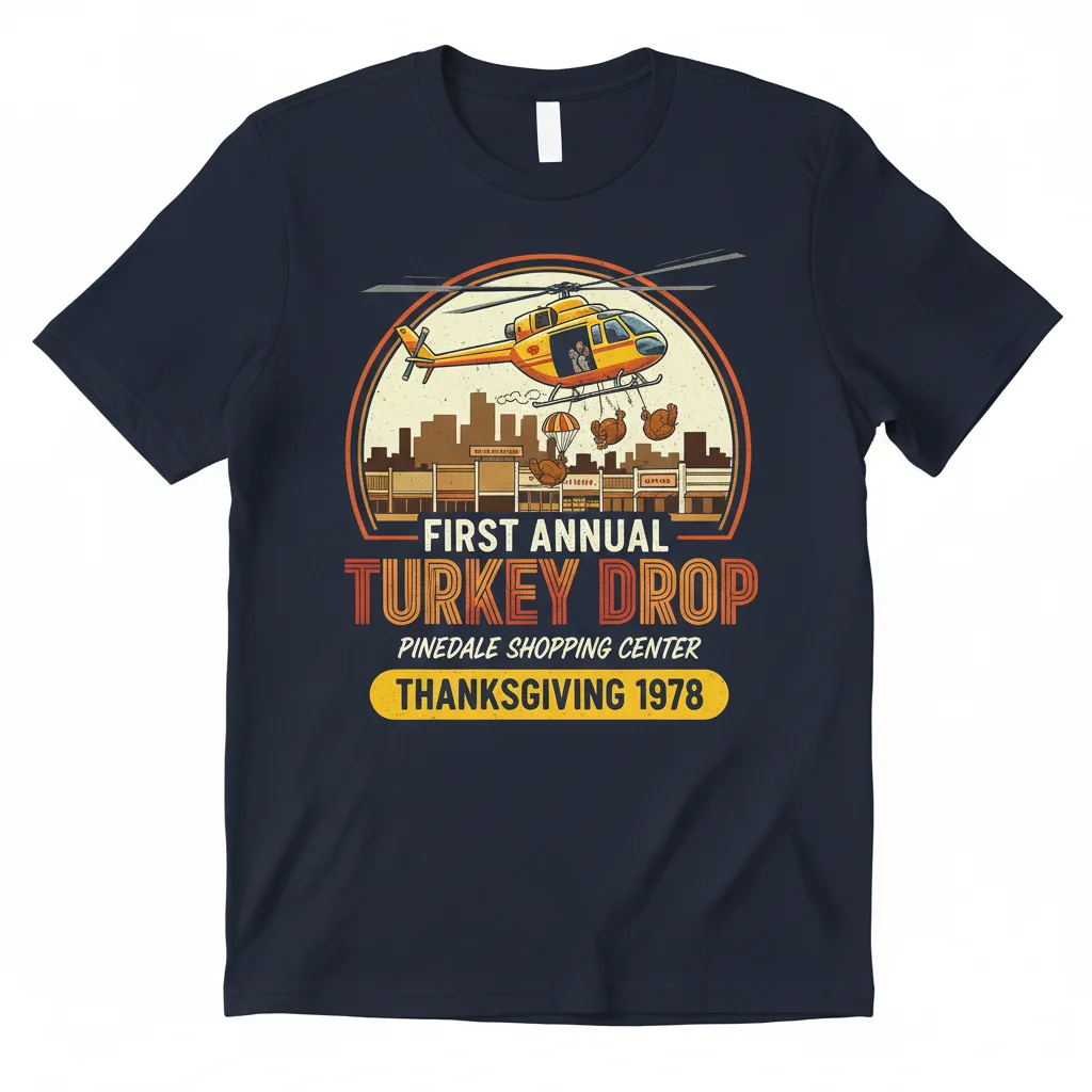 WKRP Turkey Drop 1978 Thanksgiving T-Shirt - Pinedale Shopping Center Event Tee