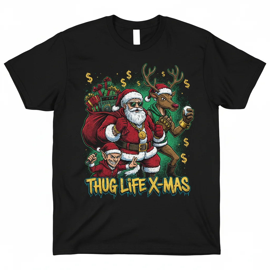 Durable & Vibrant 'Thug Life Christmas' Santa & Friends Tee - Eco-Friendly Comfort