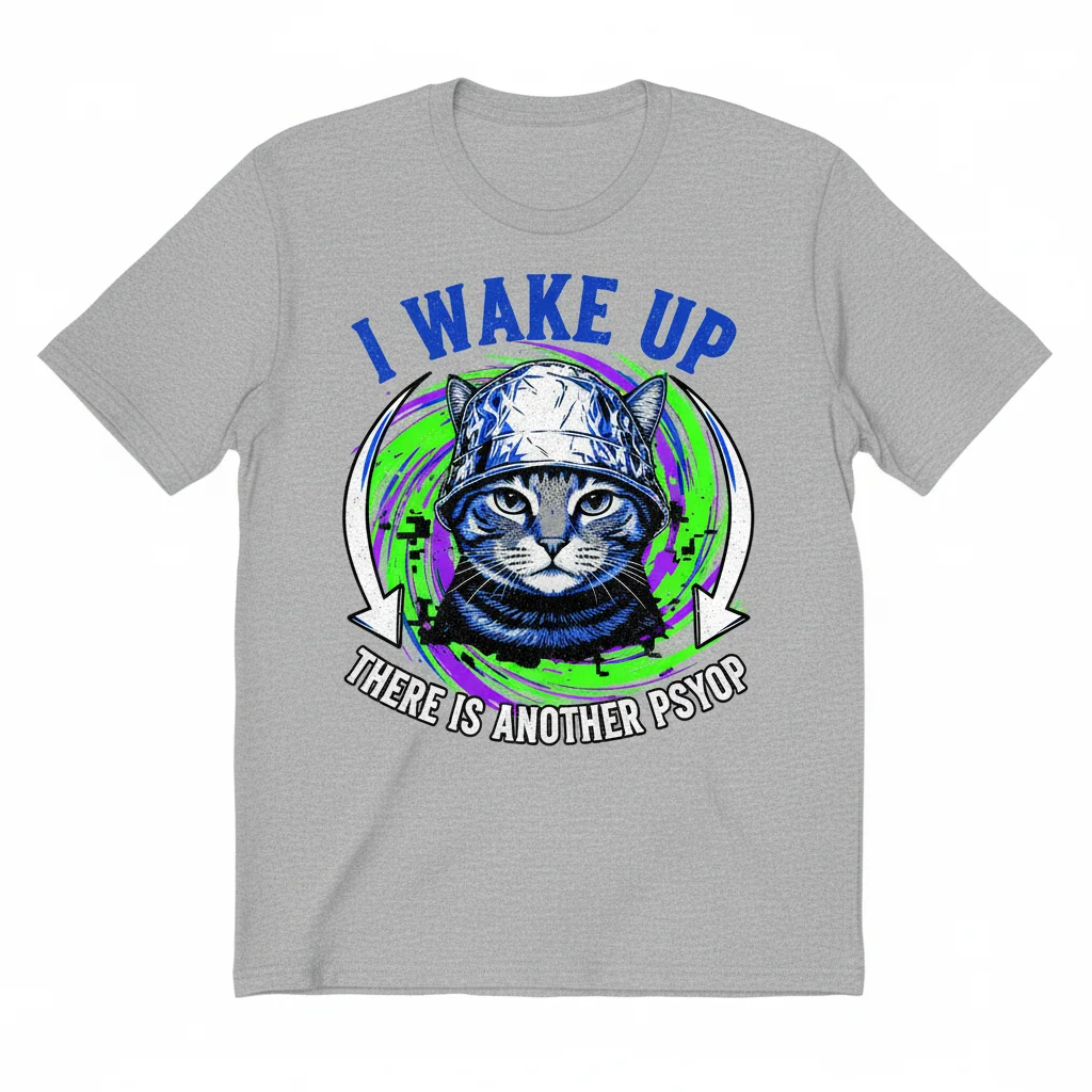 Tin Foil Hat Cat "Another Psyop" Meme T-Shirt – Ultra-Durable & Fade-Resistant