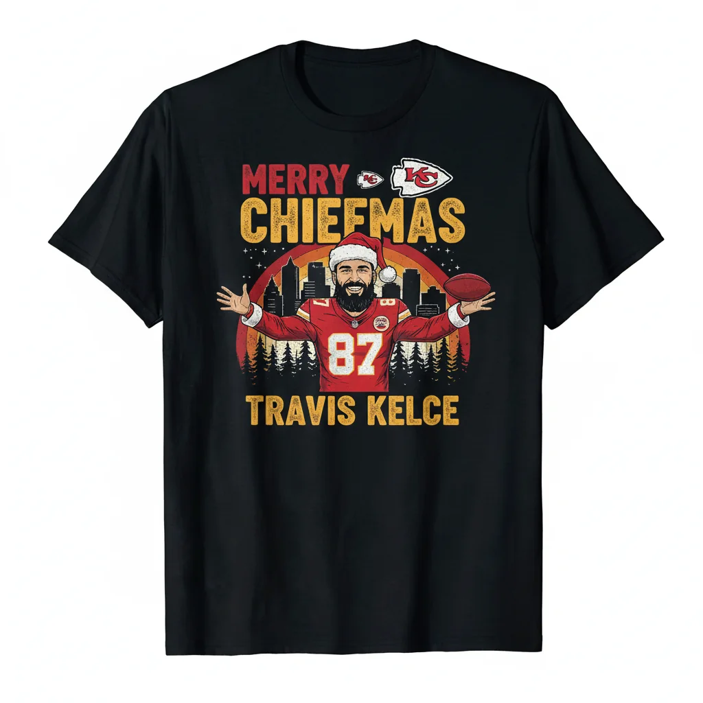 Travis Kelce Chiefs Merry Christmas Santa Hat Fan Tee