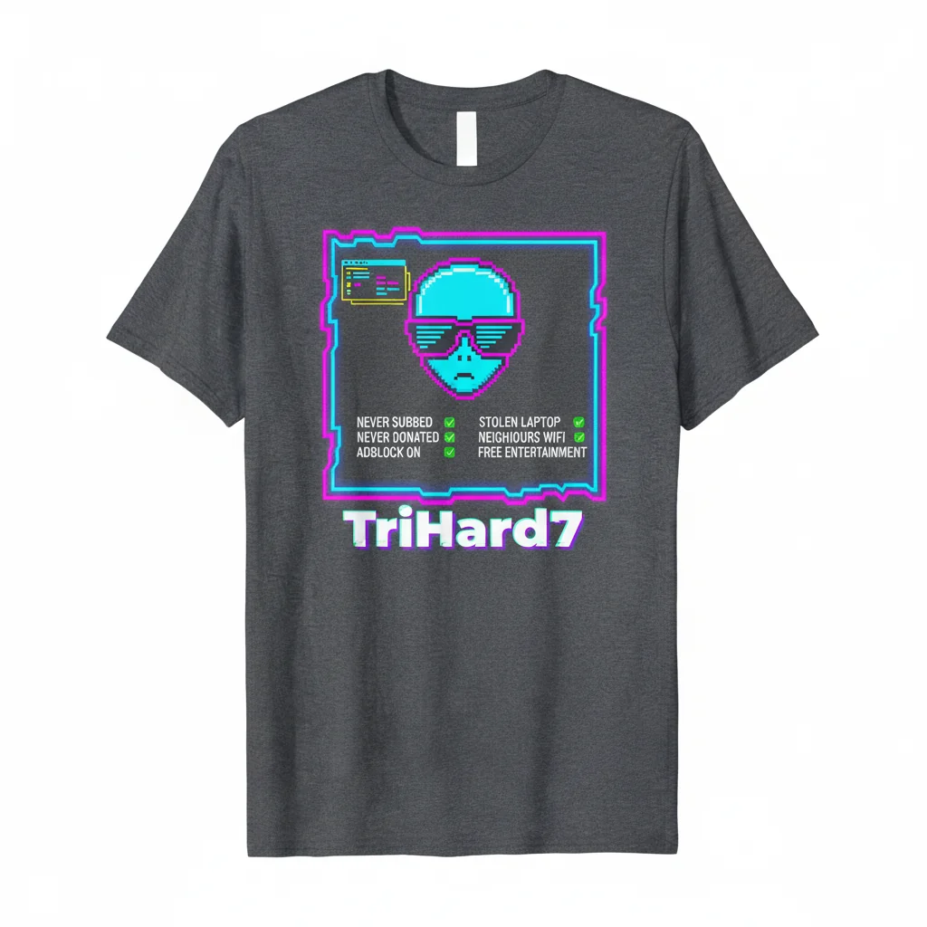 TriHard Never Subbed, Never Donated, Adblock On, Stolen Laptop, Neighbours Wifi, Free Entertainment Essential T-Shirt - White Text