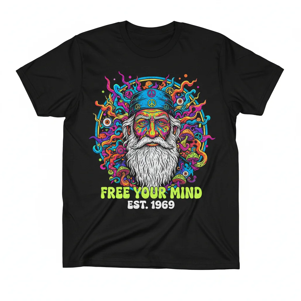 Vibrant 'Trippy Old White Hippie' Psychedelic Art T-Shirt - Pre-Shrunk & Fade-Resistant