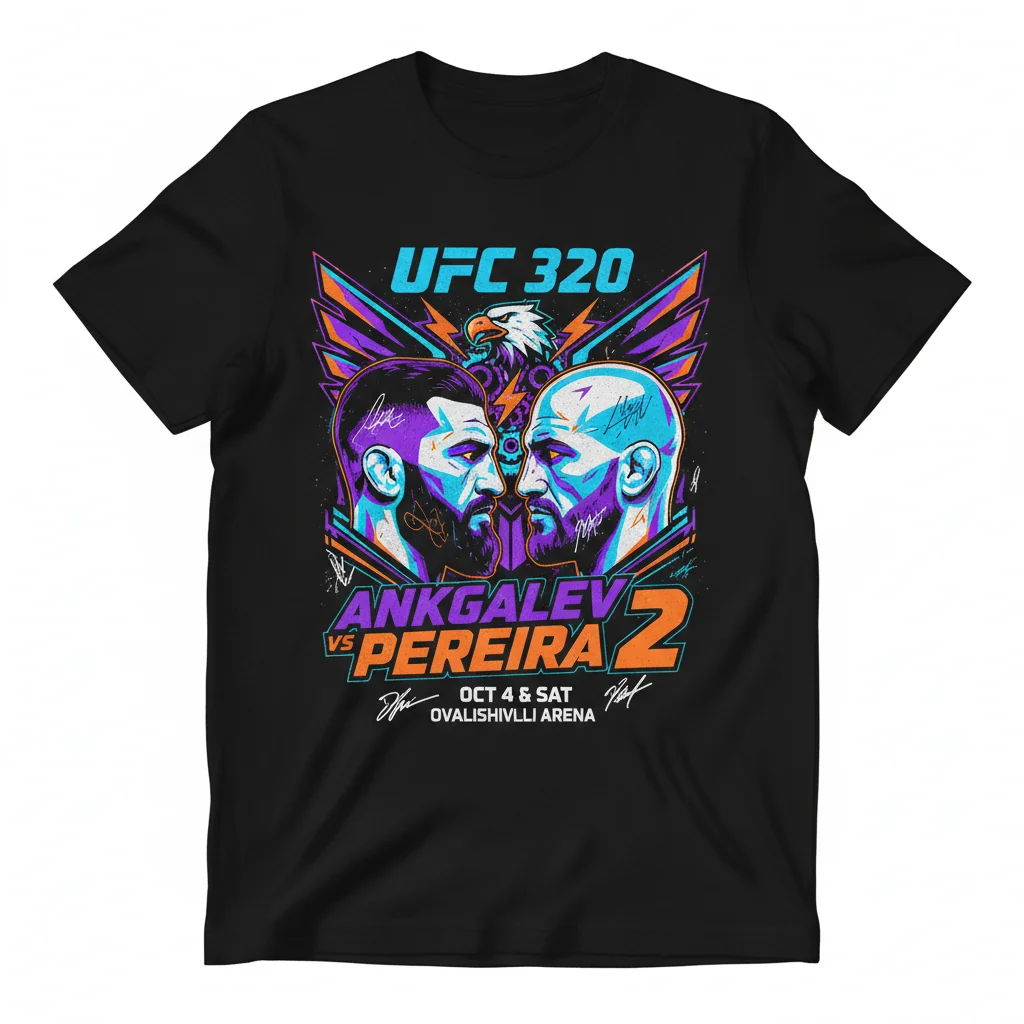 UFC 320 Ankalaev vs Pereira 2 Autographed Event Poster T-Shirt | Official MMA Fight Merch