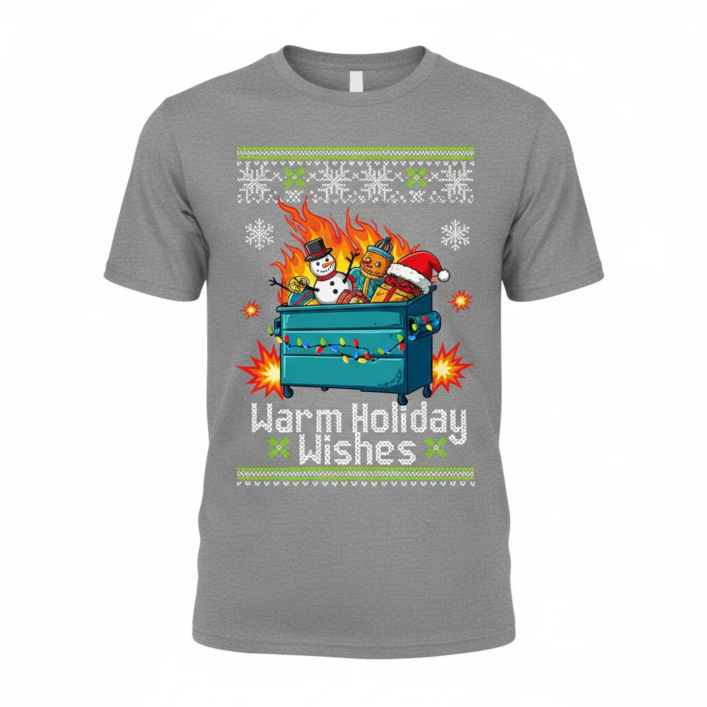 Dumpster Fire Ugly Christmas Sweater T-Shirt - Warm Holiday Wishes Tee