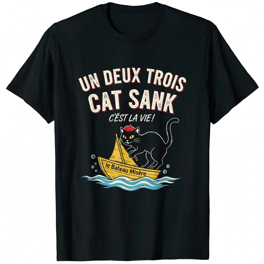 Un Deux Trois Cat Sank - Whimsical French Feline Tee for Artful Souls