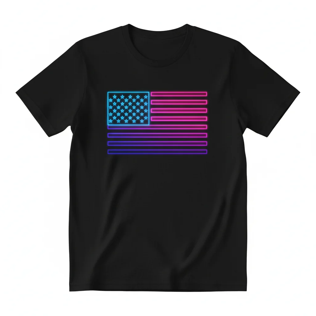 Synthwave Line Art USA Flag T-Shirt | Durable Neon Retro Design Tee
