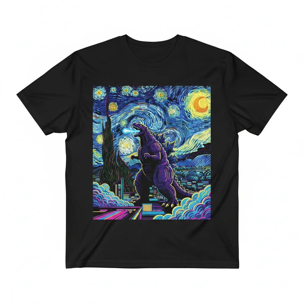 Van Gogh Starry Night Godzilla T-Shirt - Artistic Monster Tee
