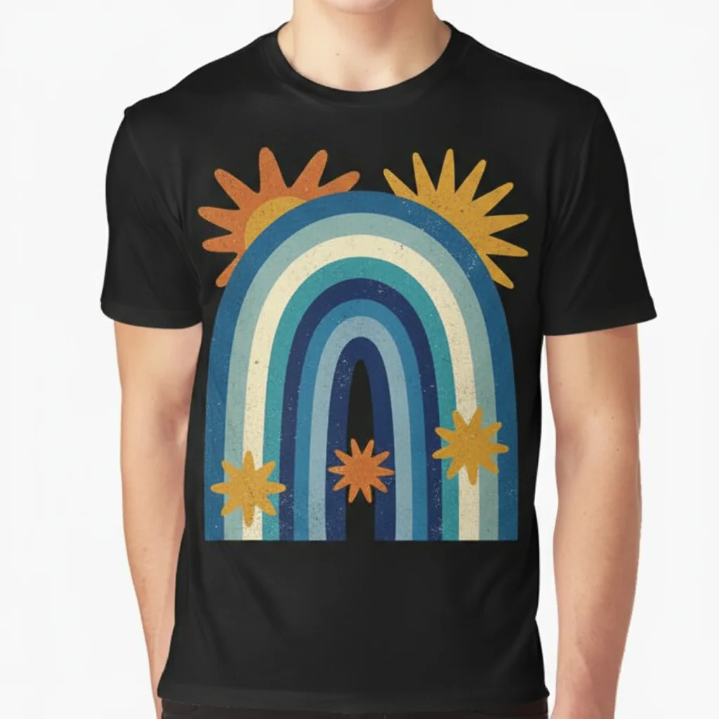 Vintage Faded 70s Blue Rainbow Stripes Graphic T-Shirt - Retro Style