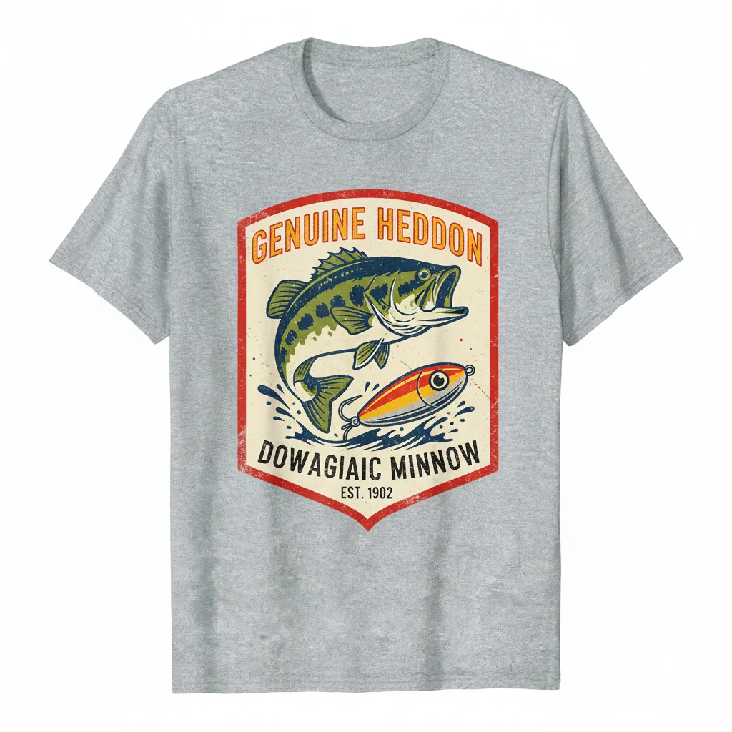 Vintage Heddon Dowagiac Minnow Lure T-Shirt - Original Box Lid Design Tee