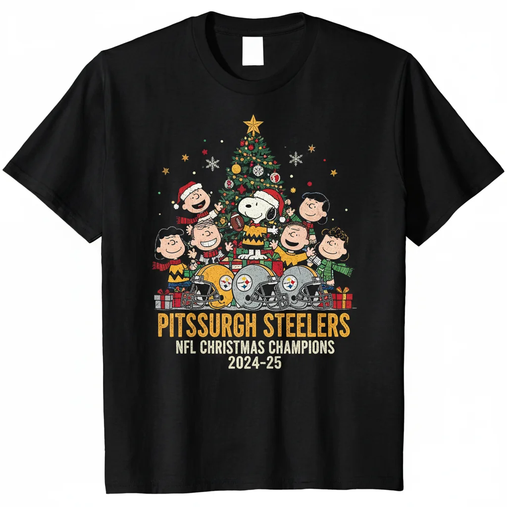 Vintage Pittsburgh Steelers Peanuts Christmas Football NFL Champions 2024-25 T-Shirt - Unisex Cotton Tee