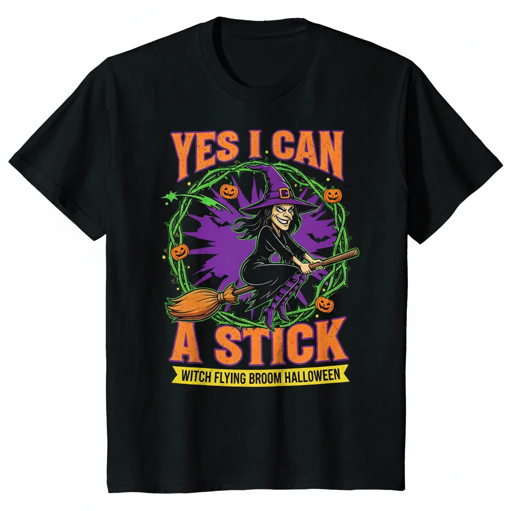 Yes I Can Drive A Stick Witch Flying Broom Halloween T-Shirt – Durable, Pre-Shrunk Comfort