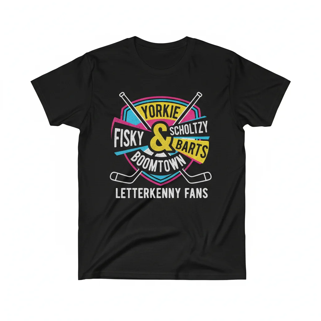 Letterkenny Yorkie Fisky Scholtzy Barts & Boomtown Black T-Shirt | Essential Cotton Fan Tee