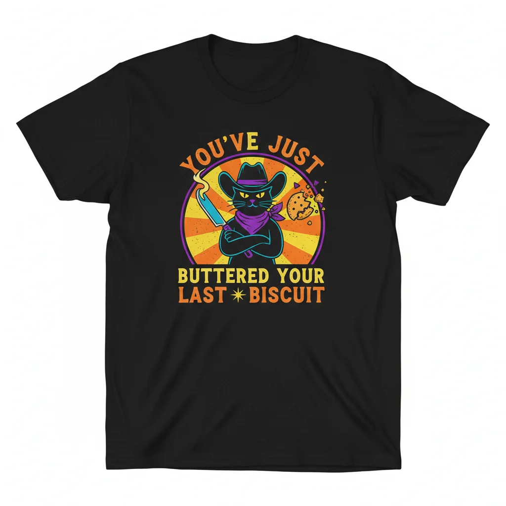 Feline Frontier Justice: 'You've Just Buttered Your Last Biscuit' Cowboy Cat Tee