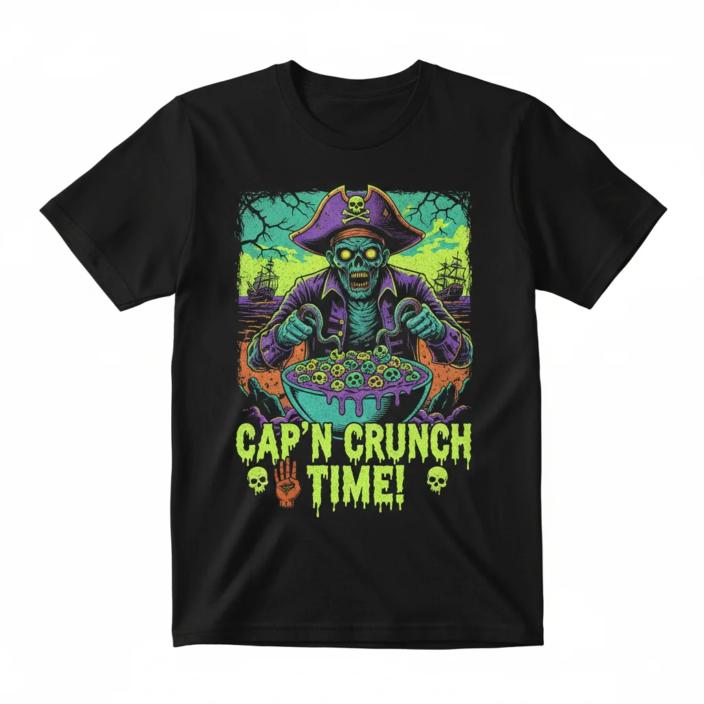 Zombie Cap'N Crunch Time T-Shirt - Unique Cereal Killer Graphic Tee